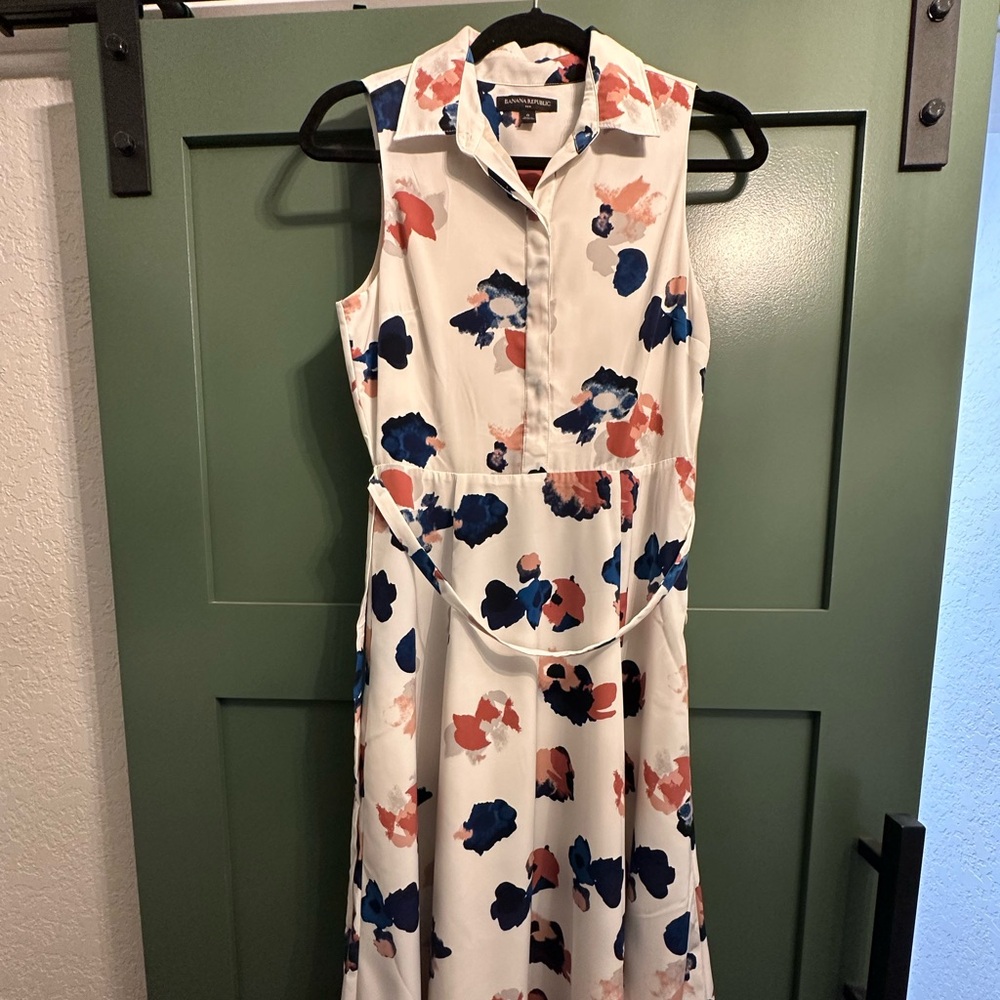Banana Republic Womens 0 Sleeveless Floral Button Front Waist Tie Midi Dress